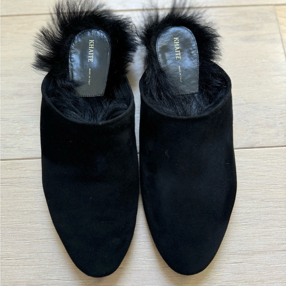 KHAITE Otto Black Suede Shearling Pointed Toe Mule Flats 39.5 US 9.5 - Picture 2 of 6